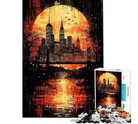 Adult Jigsaw Puzzle1000 Pieces Crimson Metropolis︰ Gothic New York at Sunset Jigsaw Puzzle Hands-on Game Difficult Challenge Deal As Gifts for The Whole Family (size 50x75cm)