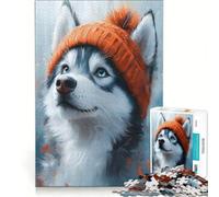 Adult Jigsaw Puzzle1000 Pieces Husky in A Red Beanie, Practical Game, Staycation Kill Time, with Matching Poster And Trivia Sheet (38x52cm)