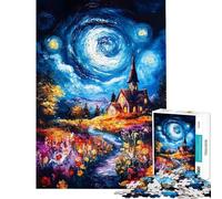 Adult Jigsaw Puzzle1000 Pieces Night Sky Church Painting Jigsaw Puzzle Hands-on Game Difficult Challenge Deal As Gifts for The Whole Family (size 38x52cm)
