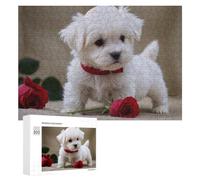 Adult Jigsaw Puzzle300 PCS Adorable White Puppy with Red Rose Teenagers Puzzles Brain Teaser Game Home Decoration Unique Birthday And Gifts 300 PCS