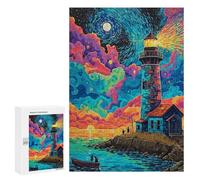 Adult Jigsaw Puzzle300 PCS Colorful Lighthouse Sunset Painting Puzzles for Teenagers Stress Reliever Every Piece Is Unique - Challenging Game Toys 300 PCS