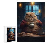 Adult Jigsaw Puzzle300 PCS Funny Fat Cat Coffee Drink Jigsaw Puzzle Brain Teaser Game Pattern Assembly Unique Birthday And Gifts 300 PCS