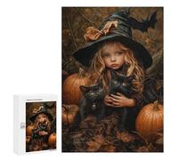 Adult Jigsaw Puzzle300 PCS Halloween Witch with Black Cats Puzzles for Teenagers Stress Reliever Every Piece Is Unique - Challenging Game Toys 300 PCS