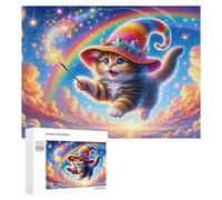 Adult Jigsaw Puzzle500 PCS Magical Kitten in Rainbow Hat Teenagers Puzzles Brain Teaser Game Home Decoration Unique Birthday And Gifts 500 PCS