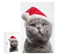 Adult Jigsaw Puzzles 1000 PCS British Shorthair Cat with Santa Hat Portrait Jigsaw for Adults Relaxing Games A Work of Art Birthday Present, Gifts, 1000 PCS