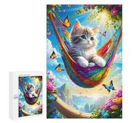 Adult Jigsaw Puzzles 1000 PCS Kitten in Rainbow Hammock Puzzles for Adults Hands-on Game Enhance Memory Gifts for Friends And Family 1000 PCS