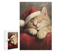 Adult Jigsaw Puzzles 1000 PCS Sleeping Kitten in Santa Hat Jigsaw for Adults Relaxing Games A Work of Art Birthday Present, Gifts, 1000 PCS