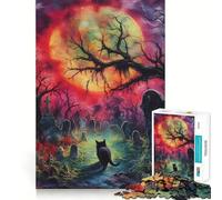 Adult Jigsaw Puzzles 1000 Pieces Black Cat in Graveyard Neat Fit Decor, Mental Skill Game, Casual Fun Time, Xmas Art Display (50x75cm)