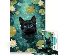 Adult Jigsaw Puzzles 1000 Pieces Black Cat in Lily Pond Sharp Cut Art, Focus Fun Game, Calm Play Time, Christmas Fun Gift (50x75cm)
