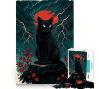 Adult Jigsaw Puzzles 1000 Pieces Black Cat Under Red Moon Japan Style Neat Fit Decor, Mental Skill Game, Casual Fun Time, Xmas Art Display (38x52cm)