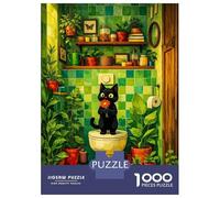 Adult Jigsaw Puzzles 1000 Pieces Black Cat with Flower in Bathroom Adult Puzzles Hands-on Game Analysis And Logic Gifts for Friends And Family 70x50cm/1000pcs