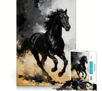 Adult Jigsaw Puzzles 1000 Pieces Black Horse Galloping Painting Sharp Cut Art, Focus Fun Game, Calm Play Time, Christmas Fun Gift (50x75cm)