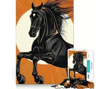 Adult Jigsaw Puzzles 1000 Pieces Black Horse Illustration with Orange Background Sharp Cut Art, Focus Fun Game, Calm Play Time, Christmas Fun Gift (38x26cm)