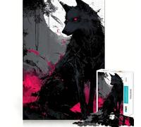 Adult Jigsaw Puzzles 1000 Pieces Black Wolf with Red Eyes Digital Art Neat Fit Decor, Mental Skill Game, Casual Fun Time, Xmas Art Display (38x26cm)