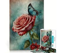 Adult Jigsaw Puzzles 1000 Pieces Blue Butterfly on Rose Neat Fit Decor, Mental Skill Game, Casual Fun Time, Xmas Art Display (50x75cm)