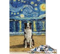 Adult Jigsaw Puzzles 1000 Pieces Border Collie Dog on Beach with Starry Night Wooden Puzzles Unique Home Decor And Gifts 1000pcs (75x50cm)