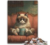 Adult Jigsaw Puzzles 1000 Pieces Cat Drinking Coffee Teenager Jigsaw,Stress Reliever Staycation Kill Time Home Decoration Toys (75x50cm)