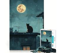 Adult Jigsaw Puzzles 1000 Pieces Cat on Rooftop Under Full Moon Ideal Cut Decor Brain Teaser Gift Idle Fun Time Birthday Hobby Gift (38x26cm)