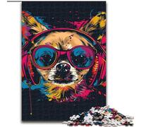 Adult Jigsaw Puzzles 1000 Pieces Chihuahua DJ Neon Made of Wood, Fun Activity for at Home 50x75cm Engaging Family Game Night Activity