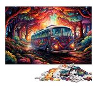 Adult Jigsaw Puzzles 1000 Pieces Colorful Psychedelic Art Bus The Jigsaw Puzzle with Matching Poster And Trivia Sheet 1000 PCS(38x26cm)