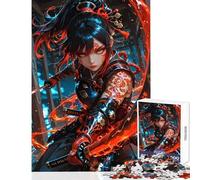 Adult Jigsaw Puzzles 1000 Pieces Female Samurai Warrior with Red Accents Brain Teaser Game Tough Challenge Educational Toy Deal As Gifts for The Whole Family (38X26CM)