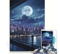 Adult Jigsaw Puzzles 1000 Pieces Full Moon Cityscape Night, Toy Wall Decor, Fun Activities at Home, Improving Love between Couples 50x75cm