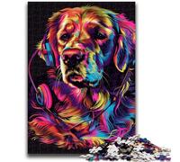 Adult Jigsaw Puzzles 1000 Pieces Golden Retriever with Headphones Stress Reliever Staycation Kill Time Perfect Decoration for Age 14+ 38x26cm