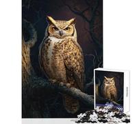 Adult Jigsaw Puzzles 1000 Pieces Great Horned Owl Perched on Branch Home Decoration Toys Art Work Gift Impossible Game Every Piece Is Unique - Size 38x52cm