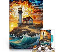 Adult Jigsaw Puzzles 1000 Pieces Lighthouse Sunset Stained Glass Schwierig Schwer mit passendem Poster und Quizblatt75x50cm