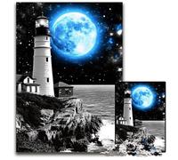 Adult Jigsaw Puzzles 1000 Pieces Lighthouse Under The Blue Moon Cardboard Jigsaw Puzzles Family Interactive Game, Brain Teaser Gift, Educational Toy 26X38CM