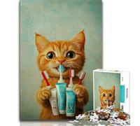 Adult Jigsaw Puzzles 1000 Pieces Orange Cat Brushing Teeth Teenager Puzzles,Quiz Game Wall Decoration Unique Birthday And Xmas Gifts (size 75x50cm)