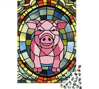 Adult Jigsaw Puzzles 1000 Pieces Pig Stained Glass Style Wooden Puzzle for Adults And Teenager Home Decoration Puzzle Toys 1000pcs (75x50cm)