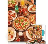 Adult Jigsaw Puzzles 1000 Pieces Pizza Feast Still Life Illustration Ideal Cut Decor Brain Teaser Gift Idle Fun Time Birthday Hobby Gift (50x75cm)