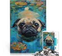 Adult Jigsaw Puzzles 1000 Pieces Pug Swimming in Water Lilies learning educational toys Suitable for desktop decoration 26x38cm
