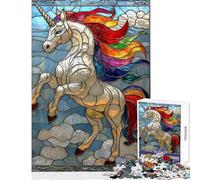 Adult Jigsaw Puzzles 1000 Pieces Rainbow Unicorn Stained Glass Brain Teaser Game Tough Challenge Educational Toy Deal As Gifts for The Whole Family (38X52CM)