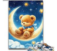 Adult Jigsaw Puzzles 1000 Pieces Teddy Bear on The Moon,Stress Reliever Staycation Kill Time with Matching Poster And Trivia Sheet 38X52CM