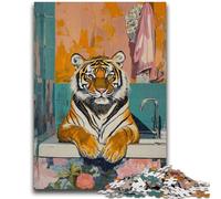 Adult Jigsaw Puzzles 1000 Pieces Tiger in The Bathroom Stress Reliever Staycation Kill Time Perfect Decoration for Age 14+ 38x26cm