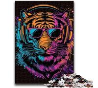 Adult Jigsaw Puzzles 1000 Pieces Tiger with Headphones Help The Brain Exercise Addictive Toys to Cultivate Patience Perfect Decoration 38x26cm