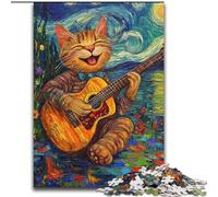 Adult Jigsaw Puzzles 1000 Pieces Van Gogh Night Sky Cat Playing Guitar cardboard Puzzles 26X38CM Ideal for Lover, Perfect Christmas, New Year, Valentine's Gift