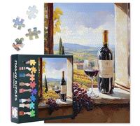 Adult Jigsaw Puzzles 1000 Pieces - Vineyard Window Still Life with Wine Bottle, Glass and Fresh Grapes Puzzle for Adults, 27.5x19.7 Inches