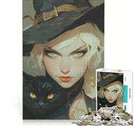 Adult Jigsaw Puzzles 1000 Pieces Witch with Black Cat Toy Wall Decor Fun Activities at Home Improving Love between Couples 50x75cm