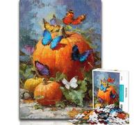Adult Jigsaw Puzzles 1000 Pumpkins And Blue Butterflies 1000 Piece Puzzle,for Educational Game Challenge Toy Birthday Present, Gifts, Wall Art 38x26cm