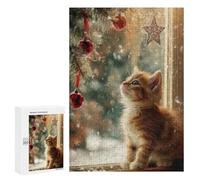 Adult Jigsaw Puzzles 300 PCS Christmas Kitten Window Snow Jigsaw Puzzles for Adults Stress Reliever Challenging To Complete Brainteaser Family Games 300 PCS