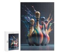 Adult Jigsaw Puzzles 300 PCS Colorful Bowling Pins with Paint Splashes Jigsaw for Adults Relax Games Presents for Women Birthday Present, Gifts, 300 PCS