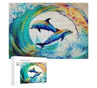 Adult Jigsaw Puzzles 300 PCS Dolphins in Colorful Wave Jigsaw for Adults Relax Games Presents for Women Birthday Present, Gifts, 300 PCS