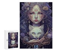 Adult Jigsaw Puzzles 300 PCS Fantasy Artwork Mystical Woman with Cat Jigsaw Puzzles for Adults Stress Reliever Challenging To Complete Brainteaser Family Games 300 PCS