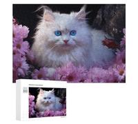Adult Jigsaw Puzzles 300 PCS Fluffy White Cat with Blue Eyes Surrounded by Pink Flowers Puzzle for Adults Brain Teaser Game Wall Decoration Birthday Present, Gifts, 300 PCS