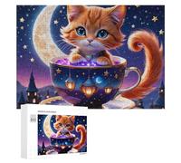 Adult Jigsaw Puzzles 300 PCS Magical Night Tea Cup Cat Puzzles for Adults Hands-on Game Enhance Memory Gifts for Friends And Family 300 PCS