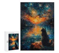 Adult Jigsaw Puzzles 300 PCS Starry Night Sunset Cat Teenagers Puzzles Toy Wall Decor Pattern Assembly Gifts for Friends And Family 300 PCS
