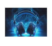 Adult Jigsaw Puzzles 38x26cm/1000pcs Glowing Blue Headphones with Neon Lights Jigsaw for Adults Relax Games Presents for Women Birthday Present, Gifts, 38x26cm/1000pcs
